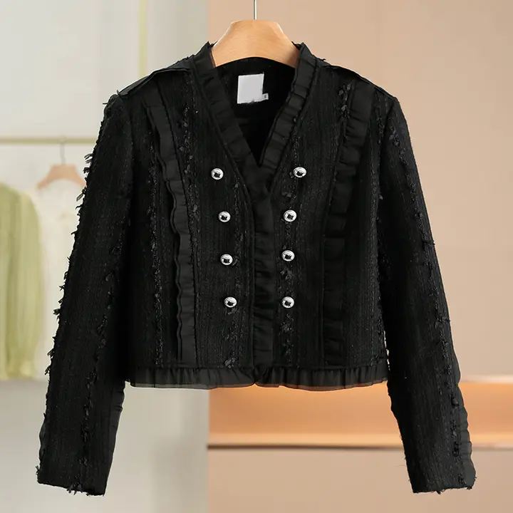 Vネックフリルデザインの無地ショートジャケット【秋用】