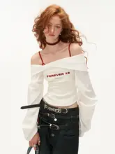 MAMC ルーズフィット ランタンスリーブ ホワイトブラウス【デザイン性のあるオフショルダー】