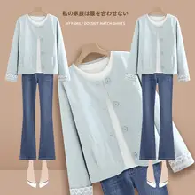 短丈ブルージャケット【レースパッチワーク・女性用】と高腰フレアデニムパンツ（セットアップ対応）