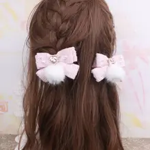 ヘアクリップ 髪飾り フェミニン ツイード風 ハート パール ラインストーン ファーボール ダブルクリップ 大人可愛い