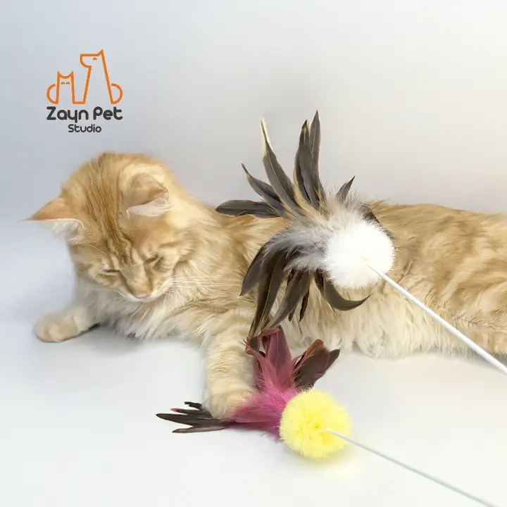 極上の柔らかさのフェザー付きキャットボール【ロングハンドル・滑り止め】
