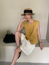シンプルデザインのラウンドネックノースリーブリネントップス【ファッショナブル・気品あるデザイン】