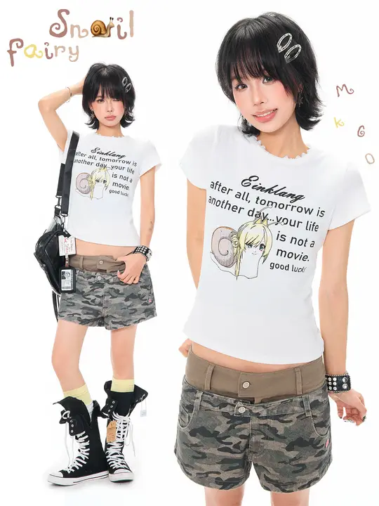 カートゥーンデザインの短袖Tシャツ【レーストリム・フレンチスタイル・女性用】