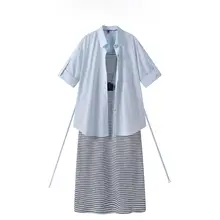 韓国風レトロ夏用ストライプワンピース＆ショートスリーブシャツ（セットアップ対応）