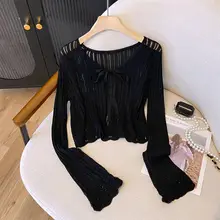 リボン付きレースデザインの長袖カーディガン【ニット・日焼け防止・ショート丈】（セットアップ対応）