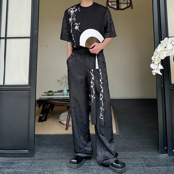 新中式 国風ファッション メンズ 半袖 シャツとワイドパンツ【夏用・クールな中国風・二重構成・セットアップ対応】
