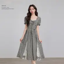 夏用レース切替チェック柄Aラインワンピース【特徴的なウエストデザイン・女性用】