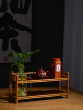 楠竹製 二段ティーカップスタンド【ガラス棚付き・収納用・多層ディスプレイラック】