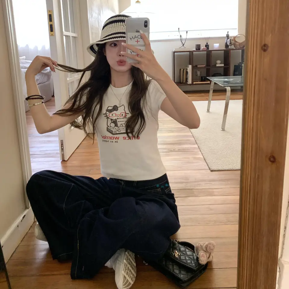 アメリカンレトロデザインのワイドレッグパンツ【デニム・夏用・ハイウエスト・ゆったりフィット】（セットアップ対応）