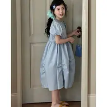 ワンピース キッズ ガールズ パフスリーブ Aライン ウエストマーク ロング丈 韓流 甘め フレンチ風 ブルー 夏