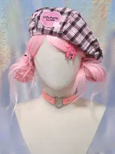 ハートデザインの黒とピンクチェックのベレー帽【手作り・秋冬用・暖かい】