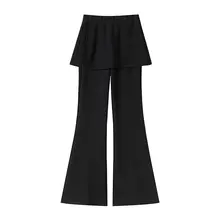 ブラックのフェイクツーピーススーツ風ブーツカットパンツ【春秋用・小柄向け・フィット感】（セットアップ対応）