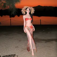 魅力的なオレンジ染ビキニ＆ロングスカート【リゾートスタイル・温泉水着・雰囲気抜群】（セットアップ対応）