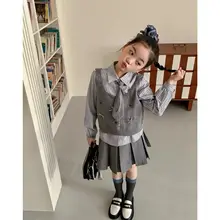 子供用春季新作 ベスト付きシャツとプリーツスカート【おしゃれなデザイン・女の子用】（セットアップ対応）