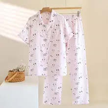 可愛いカートゥーンプリントの純綿ガーゼパジャマ【女性用・短袖・長ズボン・薄手・カーディガン付き・夏用】（セットアップ対応）