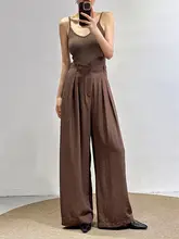 高級リネン製 夏用コーヒーブラウン ワイドレッグパンツ【ゆったりフィット・通勤対応・スリム効果】（セットアップ対応）