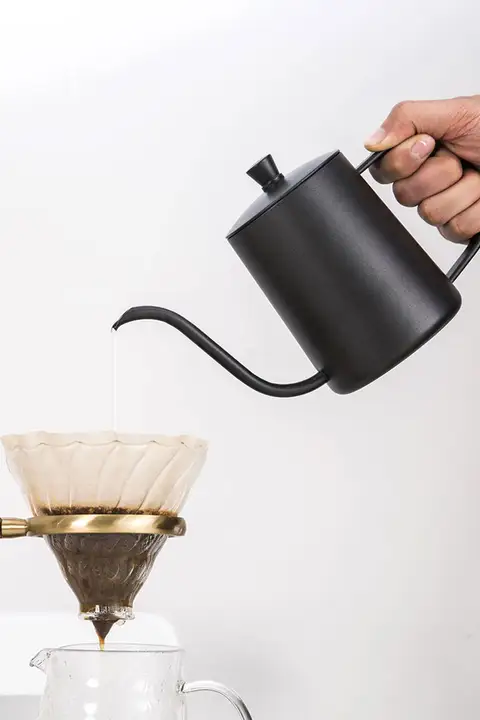 304不鏡鋼製 蓋付きコーヒーポット【テフロンコーティング・ロングノズル・ハンドドリップ用】