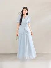 エレガントなスカラップレース刺繍の短袖ブラウスとチュールスカート【上品なブルー・大きいサイズ・セットアップ対応】