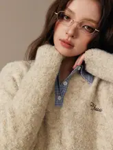 チェック柄ニットセーター【女性用・字母デザイン・穴あけ不要・ウール混】（セットアップ対応）