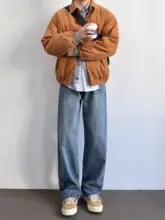 ヴィンテージウォッシュデザインのルーズフィットストレートデニムパンツ【ブルー・カジュアル】（セットアップ対応）
