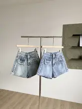 おしゃれなシンプルデザインの高腰デニムショートパンツ【夏用・韓国風・ゆったりワイド】（セットアップ対応）