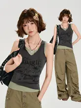 ノースリーブTシャツ レディース プリント フェイクレイヤード バイカラー フィット 甘辛MIX アメカジ ヴィンテージ 夏「Girlyhalo」