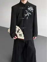 中式刺繍の竹葉デザインジャケット【金箔仕上げ・スタンドカラー・金属ボタン】