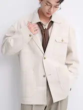 麻混紡ストライプ生地の春秋用カジュアルジャケット【コントラストカラー・大きなポケット】