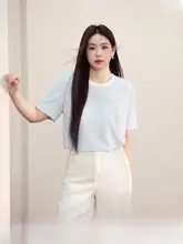 女性用 大きいサイズの短袖Tシャツ【柔らかくて優雅・シワ感・ブルー】（セットアップ対応）