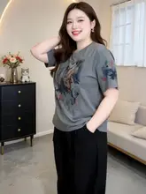 夏用 大きいサイズの コットンプリント短袖Tシャツ【おしゃれ・体型カバー・女性用】（セットアップ対応）