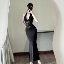 セクシーなブラックレース切替ハイネックドレス【夏用・フィット感・イブニングウェア】