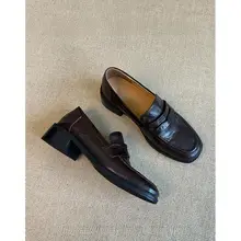 本革製レトロローファーシューズ【女性用・粗めヒール・ソフトラムスキン・通勤にも最適・イギリス風】