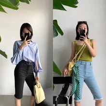 夏用 軽量ストレッチ デニムパンツ【ハンドメイド フリンジ裾・ハイウエスト・ヒップアップデザイン】