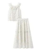 可愛いドット柄のフリル付きトップスとストレートスカート【夏用・二点セットアップ対応】
