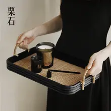 ウッド製ヴィンテージスタイル角型トレイ【茶室・藤編み・高級感】