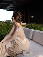 オーストリッチファーのダブルレイヤーキャミソールとワイドパンツ【春用・極上の柔らかさ】（セットアップ対応）