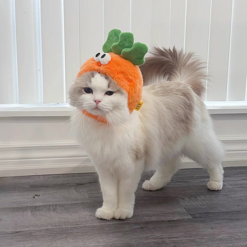 かわいいキャロットデザインのペット用猫帽子【毛むくじゃら・写真撮影用】