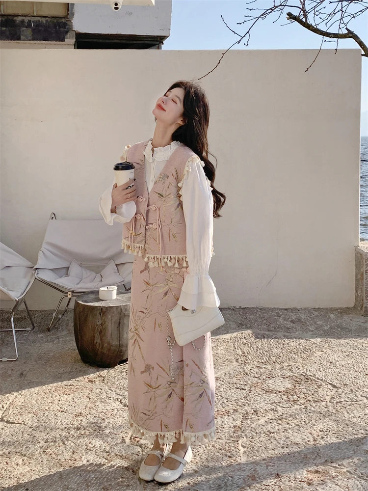 新中式風流れるフリンジのベストとスカート：春のコーディネートに最適な大人のデザインセット