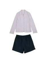 フレンチスタイルのルーズ麻コーディネート【ピンクジャケット・ネイビーショートパンツ・ウエストゴム】（セットアップ対応）