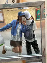 ブルーチェックシャツとミニスカートのコーディネート【小柄向け・韓国スタイル】（セットアップ対応）