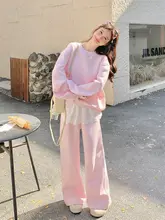 粉色の優しいレース裾のブラウスとワイドパンツ【春秋用・韓国スタイル】（セットアップ対応）