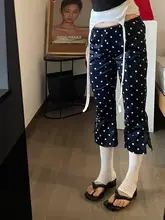 ブルー水玉模様のレディースカジュアルパンツ【薄手・ハイウエスト・ストレート】（セットアップ対応）