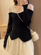 レース切り替えのベロアニットトップス【Vネック・長袖・女性用】