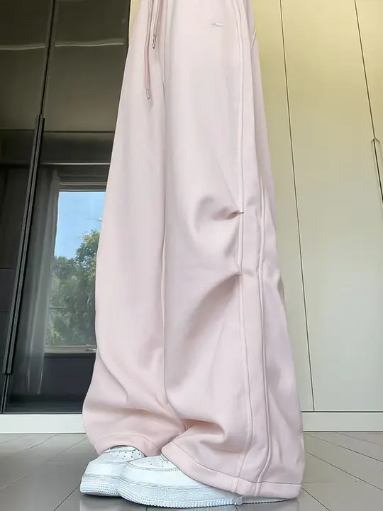春夏用 ピンク刺繍ハイウエストワイドパンツ【フィット・肌触り良好】（セットアップ対応）