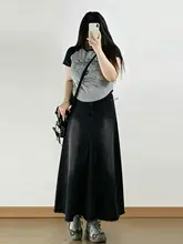 黒のビンテージデザイン！Aラインデニムスカート【大きいサイズ・女性用・アメリカンストリートスタイル】