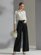 フランス風デザインの白色シフォン長袖シャツ【通勤用・スリムフィット】