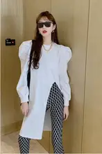 トレンドデザインの開襟Tシャツ【パフスリーブ・ミディアム丈】（セットアップ対応）