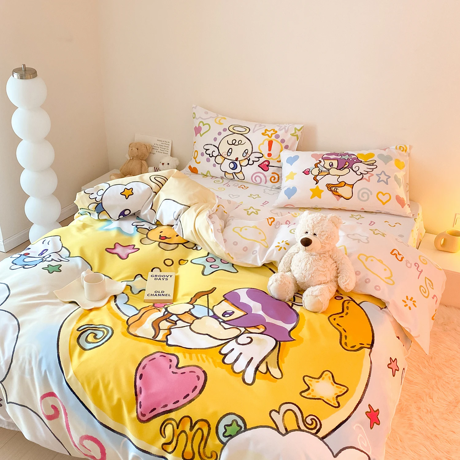 学生向け寝具4点セット 100%コットン：シンプルで四季通用のベッドシーツセット