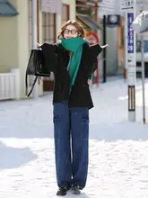 高腰工装風 デニムパンツ【大口ポケット・ゆったりストレート】