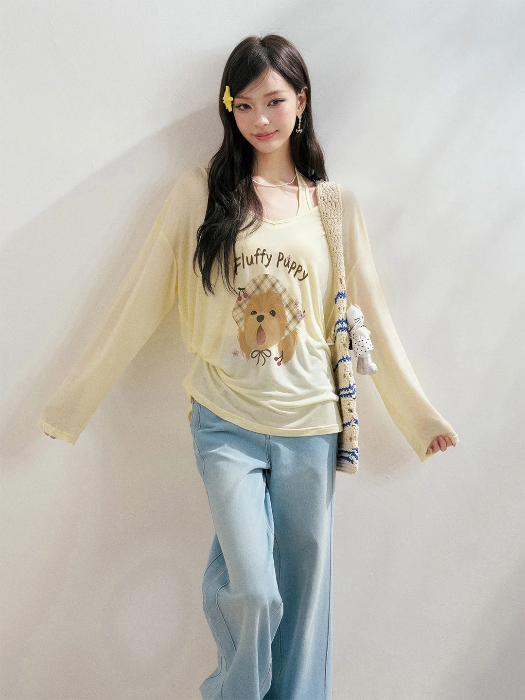 小犬プリントの長袖カーディガンTシャツ：通勤風の修身型デザインが夏に最適な理由